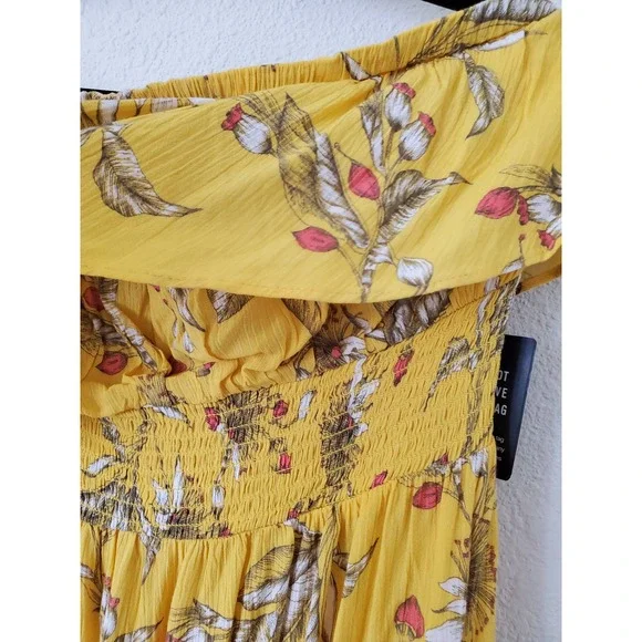 NWT Express Womens L Yellow Floral Off-the-Shoulder Smocked Ruffle Mini Dress - Picture 3 of 8